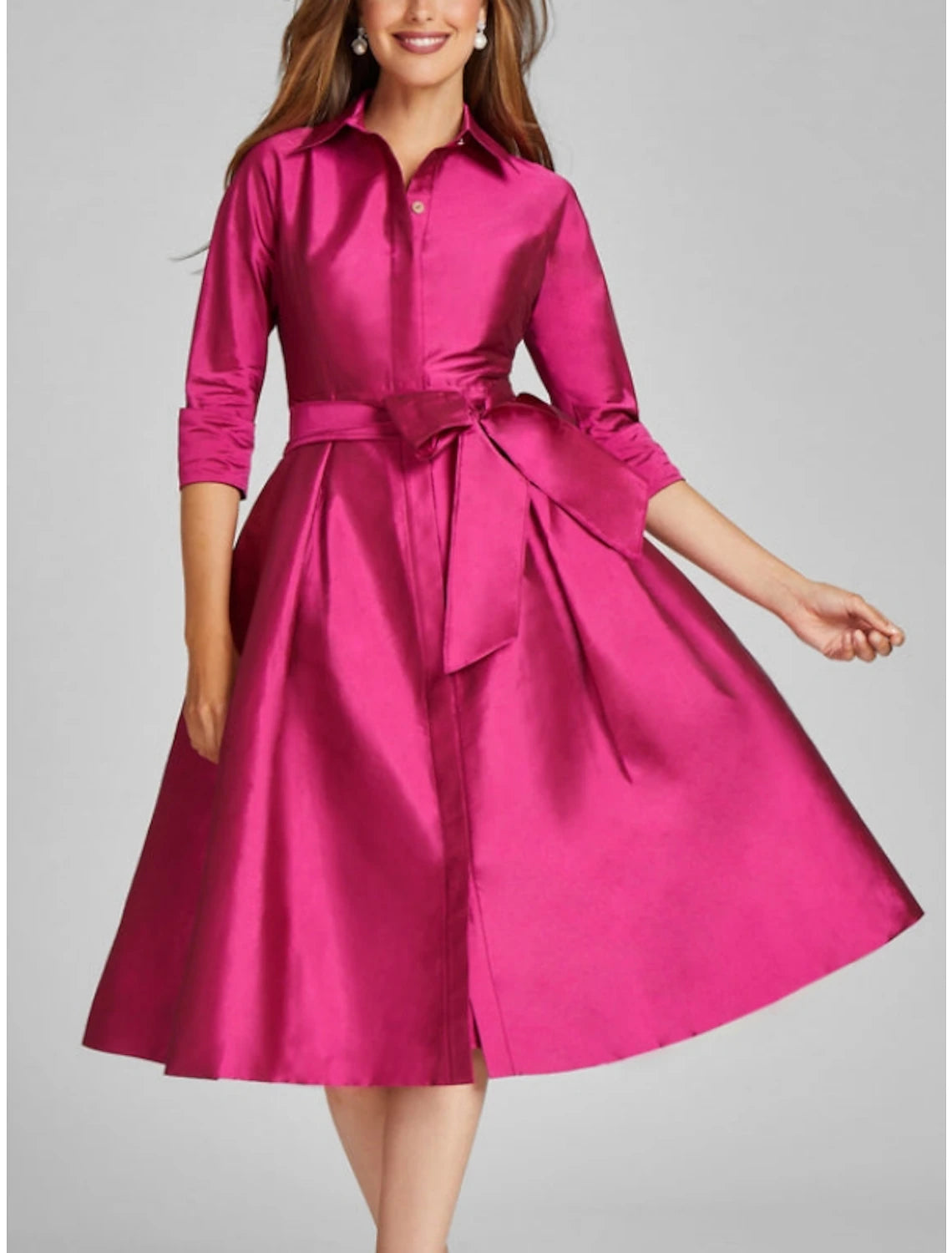 Wholesale A-Line Cocktail Dresses Minimalist Dress Formal Fall Knee Length 3/4 Length Sleeve Shirt Collar Satin with Bow(s) Slit